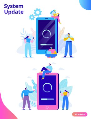 Sistem Güncelleştirme vektör illüstrasyon kavramı. Smartphone ile güncelleştirmek perde. İşlem güncelleştirin. Yeni yazılım yükleme, işletim sistemi, güncelleştirme desteği. Karakter tasarımı 