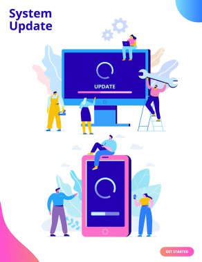 Sistem Güncelleştirme vektör illüstrasyon kavramı. Masaüstü bilgisayar ve smartphone ile güncelleştirmek perde. İşlem güncelleştirin. Yeni yazılım yükleme, işletim sistemi, güncelleştirme desteği. Karakter tasarımı 