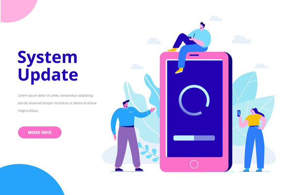 Концепция векторной иллюстрации обновления системы. Смартфон с экраном обновления. Обновление процесса. Установите новое программное обеспечение, операционную систему, поддержку обновления. Дизайн персонажей
 