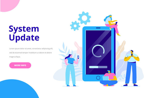Концепция векторной иллюстрации обновления системы. Смартфон с экраном обновления. Обновление процесса. Установите новое программное обеспечение, операционную систему, поддержку обновления. Дизайн персонажей
 