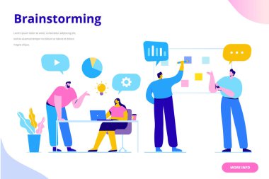 Beyin fırtınası yaratıcı ekibi fikri tartışma insanlar. Etrafında tablo dizüstü ekip çalışması personel. Takım düşünce ve beyin fırtınası. Şirket bilgileri Analytics. Düz vektör çizim