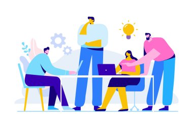 Beyin fırtınası yaratıcı ekibi fikri tartışma insanlar. Etrafında tablo dizüstü ekip çalışması personel. Takım düşünce ve beyin fırtınası. Şirket bilgileri Analytics. Düz vektör çizim