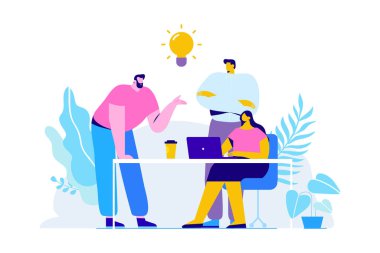 Beyin fırtınası yaratıcı ekibi fikri tartışma insanlar. Etrafında tablo dizüstü ekip çalışması personel. Takım düşünce ve beyin fırtınası. Şirket bilgileri Analytics. Düz vektör çizim