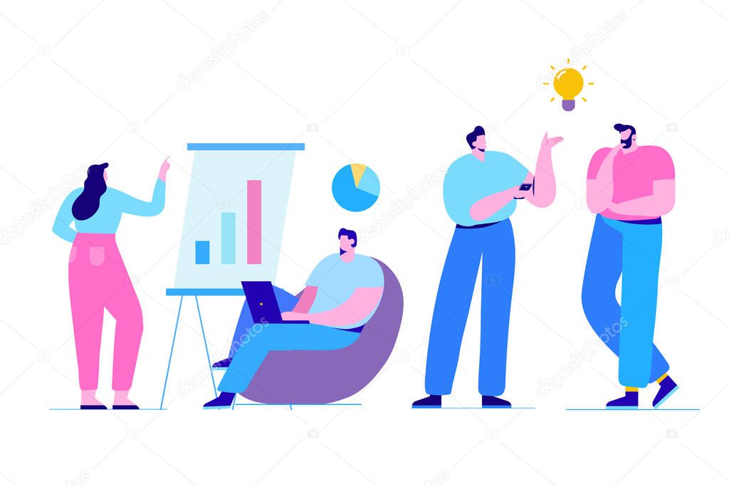 Brainstorming creative team idea discussion people. Teamwork staff around table laptop. Team thinking and brainstorming.  Analytics of company information. Flat vector illustration