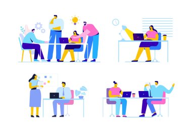 Yaratıcı ekibi karakteri düz vektör kümesi. Tartışma insanlar. Ofis çalışanları hayat. Takım düşünce ve beyin fırtınası. Şirket bilgileri Analytics. Düz vektör karakter üzerinde beyaz izole