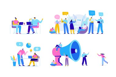 Yaratıcı ekibi karakteri düz vektör kümesi. Tartışma insanlar. Ofis çalışanları hayat. Takım düşünce ve beyin fırtınası. Şirket bilgileri Analytics. Düz vektör karakter üzerinde beyaz izole