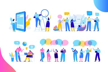 Yaratıcı ekibi karakteri düz vektör kümesi. Tartışma insanlar. Ofis çalışanları hayat. Takım düşünce ve beyin fırtınası. Şirket bilgileri Analytics. Düz vektör karakter üzerinde beyaz izole