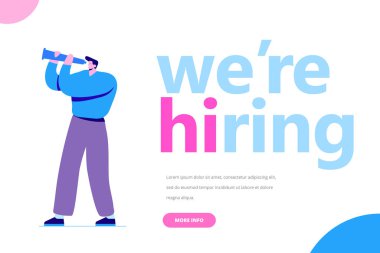 Teleskopla görünen adam. Düz vektör illüstrasyon kavramı işe vardır. İş işe alım karakter.