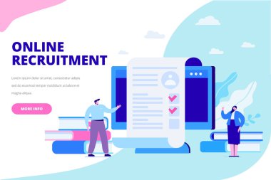 Online işe alım kavramı. İstihdam. İş adamları çözümlenirken özgeçmiş takım. Web için düz vektör çizim.