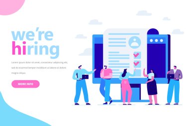 Online işe alım kavramı. İstihdam. İş adamları çözümlenirken özgeçmiş takım. Web için düz vektör çizim.