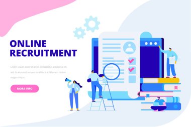 Online işe alım kavramı. İstihdam. İş adamları çözümlenirken özgeçmiş takım. Web için düz vektör çizim.