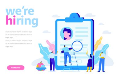 İşe Alım ve istihdam kavramı. . İş adamları çözümlenirken özgeçmiş takım. Web için düz vektör çizim.