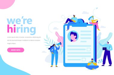 İşe Alım ve istihdam kavramı. . İş adamları çözümlenirken özgeçmiş takım. Web için düz vektör çizim.