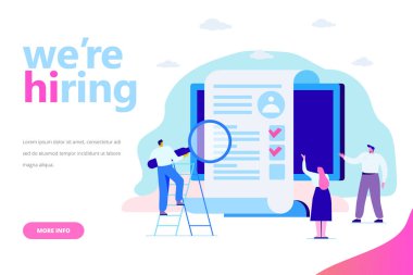 Online işe alım kavramı. İstihdam. İş adamları çözümlenirken özgeçmiş takım. Web için düz vektör çizim.