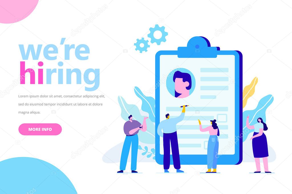 Recruitment and Employment concept. . Business people team analyzing resume. Flat  vector illustration  for web.