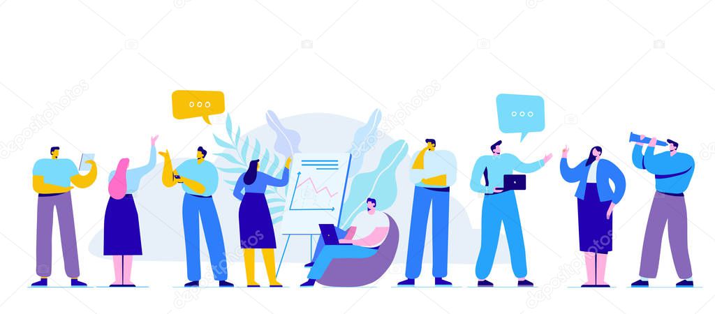 Creative team characters flat vector horizontal banner. Discussion people. Team thinking and brainstorming.  Flat vector illustration.