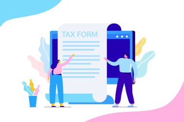 Online vergi ödeme kavramı. Vergi online gönderin. İnsanlar dolum vergi formu. Web için düz vektör çizim. 