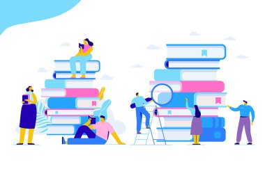 Okumayı seven insanlar. Kitap okuma konsepti. İnsanlar bir yığın kitabın üzerinde oturup kitap okuyorlar. Çizgi film düz vektör çizimi beyaz arkaplanda izole edildi.