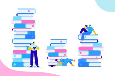 Okumayı seven insanlar. Kitap okuma konsepti. İnsanlar bir yığın kitabın üzerinde oturup kitap okuyorlar. Çizgi film düz vektör çizimi beyaz arkaplanda izole edildi.