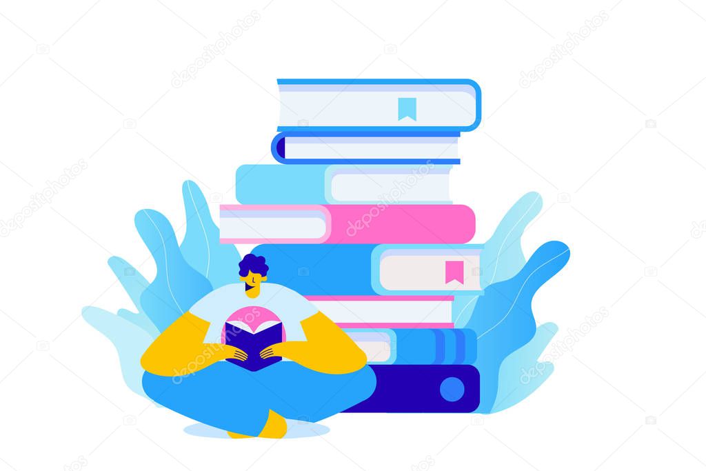 People who love to Read. Reading Books concept. People sitting and reading on a huge stack of books. Cartoon flat vector illustration isolated on white background.