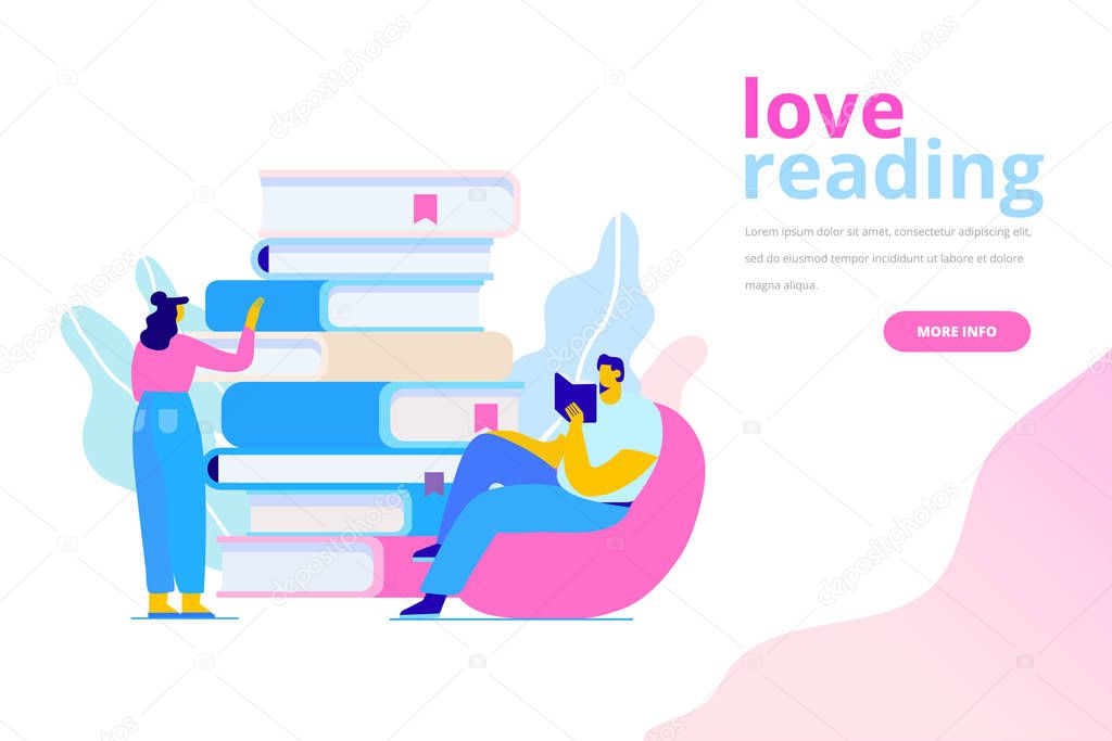 People who love to Read. Reading Books concept. People reading near a huge stack of books. Cartoon flat vector illustration isolated on white background.