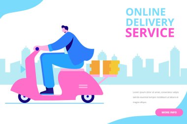 Online Teslimat hizmeti. Bisikletli adam... Düz tasarım vektör illüstrasyon.