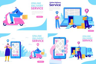 Online teslimat hizmeti kavramı. Online sipariş takibi. Telefonla el. Düz illüstrasyon vektör seti. 