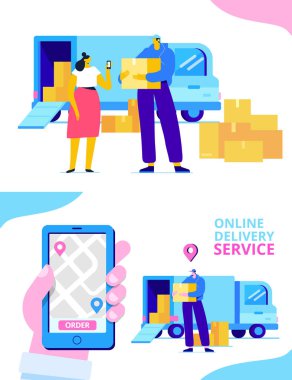 Online delivery service concept. Online order tracking. Hand with phone. Flat  illustration vector set.  clipart