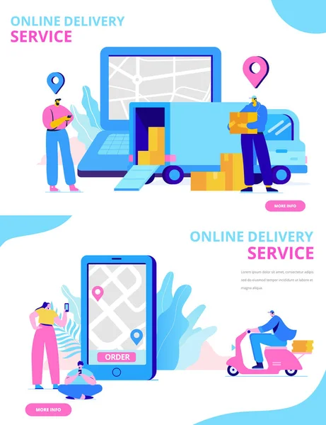 Online teslimat hizmeti kavramı. Online sipariş takibi. Telefonla el. Düz illüstrasyon vektör seti. 