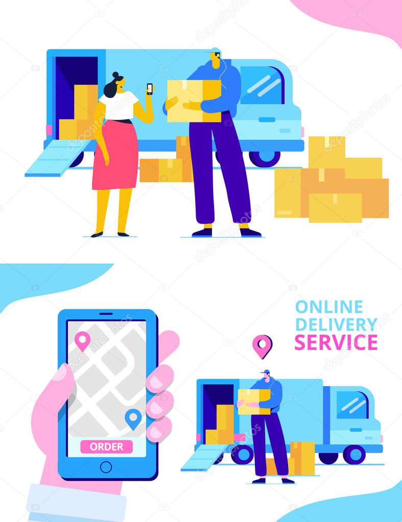 Online delivery service concept. Online order tracking. Hand with phone. Flat  illustration vector set. 