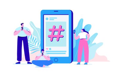 Hash işareti büyük bir sembol. Hashtag ve sosyal medya, web siteleri ve akıllı telefon uygulamaları kullanan gençler. Düz vektör çizimi. 