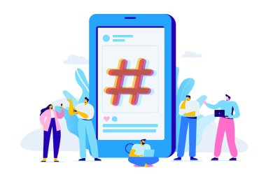 Hash işareti büyük bir sembol. Hashtag ve sosyal medya, web siteleri ve akıllı telefon uygulamaları kullanan gençler. Düz vektör çizimi. 