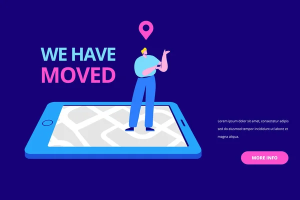We have moved flat vector illustration. Online map. Hand with phone.