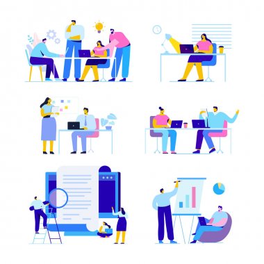 İş adamları vektör seti. Yaratıcı takım karakterleri. Tartışma insanları. Ofis çalışanlarının hayatı. Takım düşünme ve beyin fırtınası. Düz vektör karakterleri
