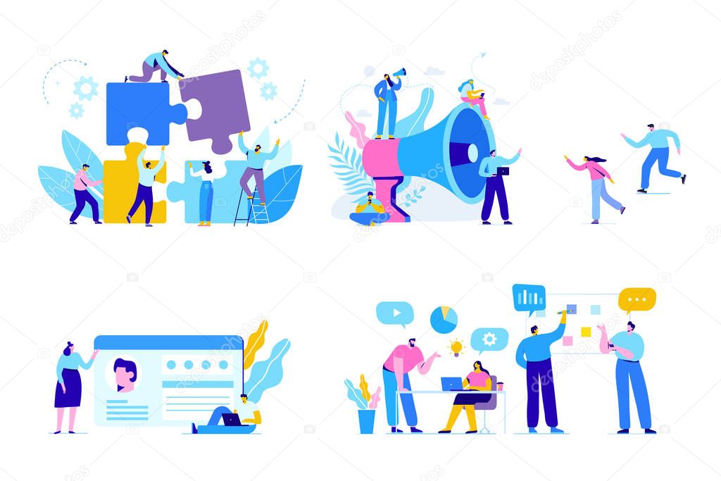 Business people vector set. Creative team characters. Discussion people. Office workers life. Team thinking and brainstorming. Flat vector characters
