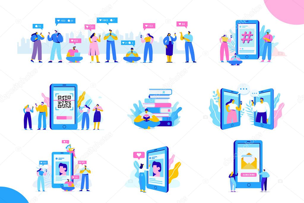 Internet. Social media concept illustration.  Flat Vector characters.