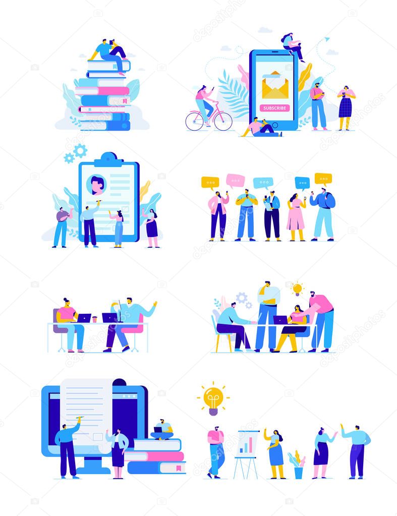 Business people vector set. Creative team characters. Discussion people. Office workers life. Team thinking and brainstorming. Flat vector characters