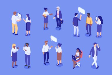 İş adamları isometrik vektör seti. Ekibimize katılın. Yaratıcı takım karakterleri. Tartışma insanları. Takım düşünme ve konuşma. Izometrik vektör karakterleri.