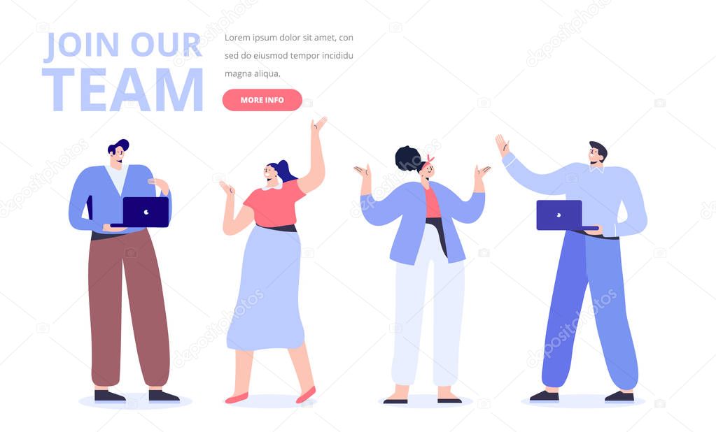 Young people vector set. Join our team concept. Creative team characters. Discussion people. Team thinking and talking. Flat vector illustration.