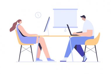 Ofisteki masada oturan bir kadın ve erkek. Beyaz arka planda yalıtılmış düz vektör karakterleri.