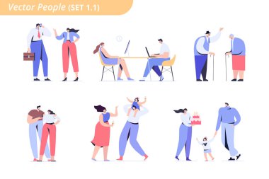 Farklı yaş ve mesleklerden çiftler - çift öğrenciler, ebeveynler, iş adamları, yaşlılar. Beyaz arka planda yalıtılmış düz vektör karakterleri.