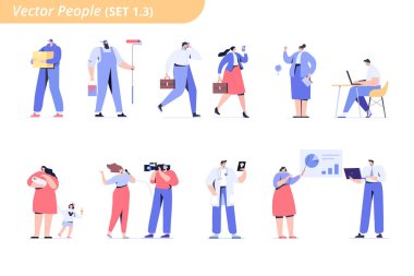 Farklı mesleklerden insanlar. Proffessions. ourier, ressam, öğretmen, işadamı, öğretmen, operatör, sunucu, programcı, doktor. Düz vektör karakterleri