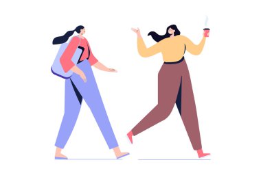 Genç iki kadın yan görünüm yürüyüş. Arkadaşlar konuşuyor. Beyaz arka planda yalıtılmış düz vektör karakterleri.