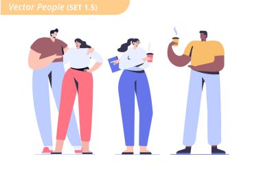 Gençler, ayakta duran çiftler. Kahve içiyorum. İnsan vektörü ayarlandı. Beyaz arkaplanda izole edilmiş düz vektör karakterleri.