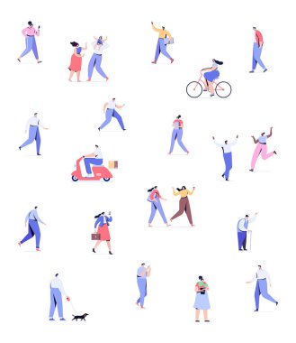 Kalabalık. Farklı İnsanlar açık havada yürüyor. Beyaz arka planda izole edilmiş erkek ve dişi düz vektör karakterleri.