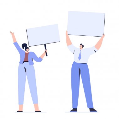 Ellerinde pankartlar ve pankartlar taşıyan bir kadın ve erkek. Protestocular ya da aktivistler. Düz vektör karakterleri