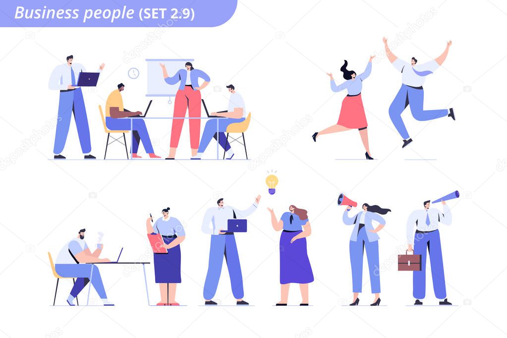 People vector set. Business team. Teamwork, brainstorming. Success. Men and women. Flat characters isolated on white.