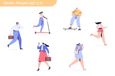 Kalabalık insanlar. Farklı yürüyüş ve çalışan insanlar yan görünüm. Erkek ve kadın. Beyaz arka planda yalıtılmış düz vektör karakterleri.