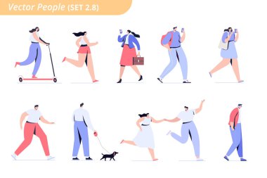 Kalabalık insanlar. Farklı yürüyüş ve çalışan insanlar yan görünüm. Erkek ve kadın. Beyaz arka planda yalıtılmış düz vektör karakterleri.