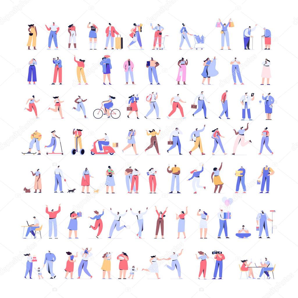 People kit - Part1. Crowd of people Huge  Vector set. Different walking and running people. Male and female. Flat vector characters isolated on white background.